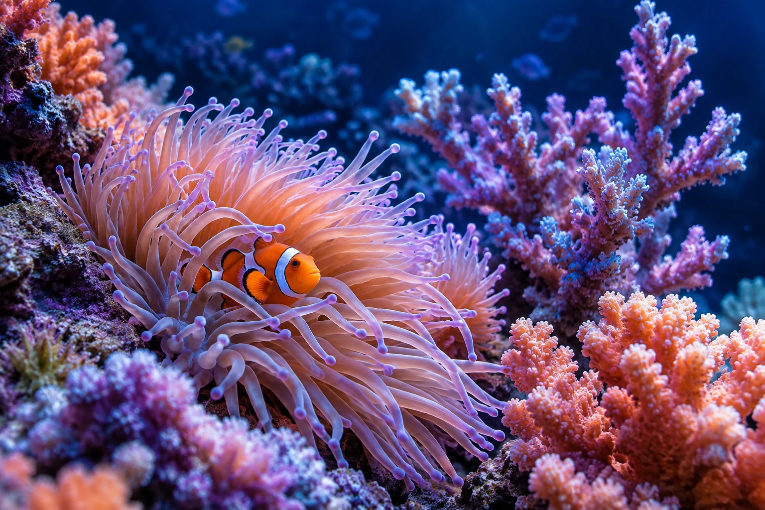 Luminous violet and peach corals surrounding a clownfish